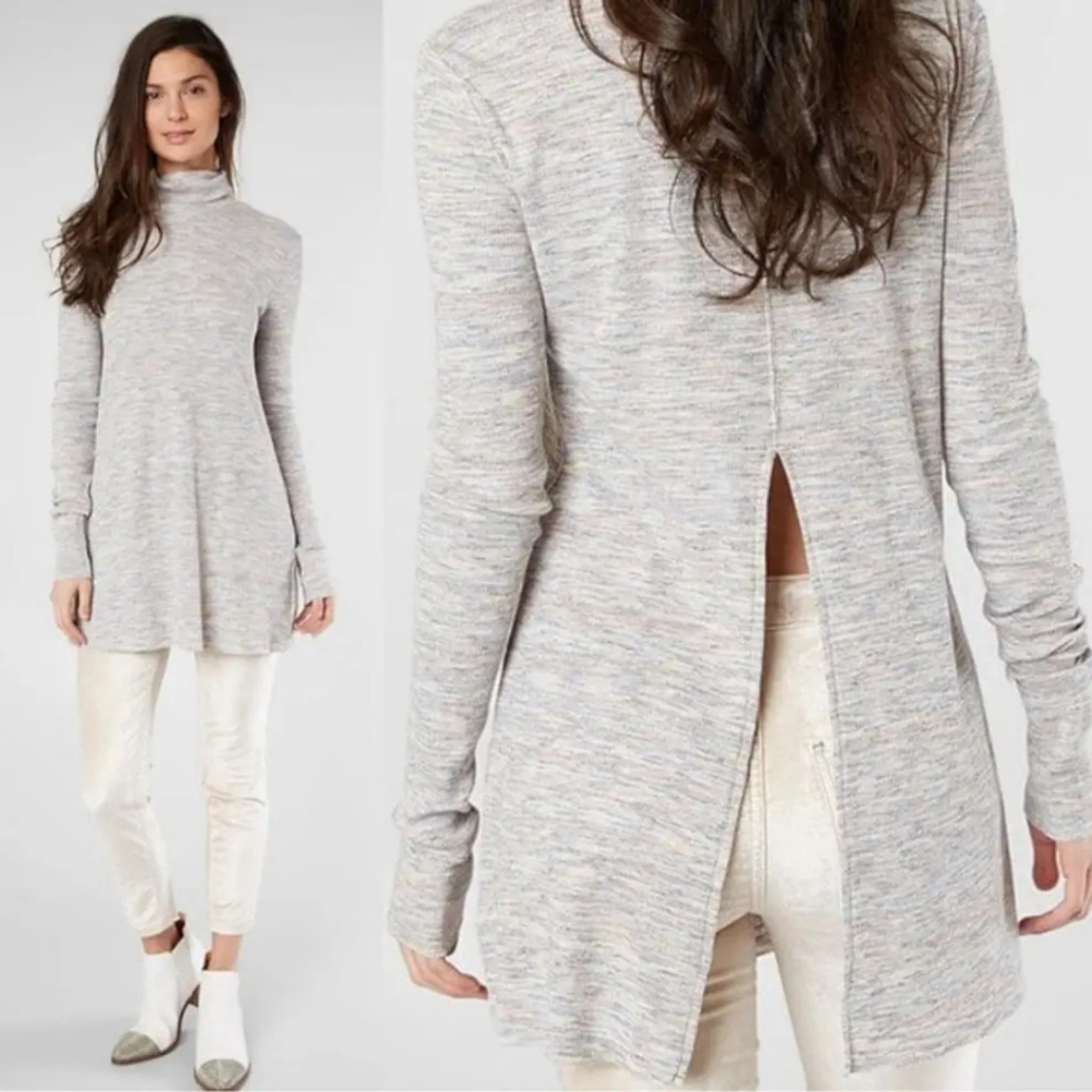 Free People Oversized Ribbed Spacedye Stonecold Ivory Split Back Tunic sz M - Picture 4 of 11